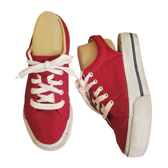 City Sneaks‎ 7.5 Red White Canvas Slingbacks Lace Up Shoes Chunky 90s Y2K - Picture 1 of 8